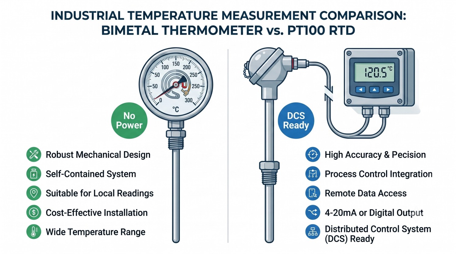 Infographic comparing the features, power requirements, and applications of a bimetal thermometer versus a PT100 RTD sensor