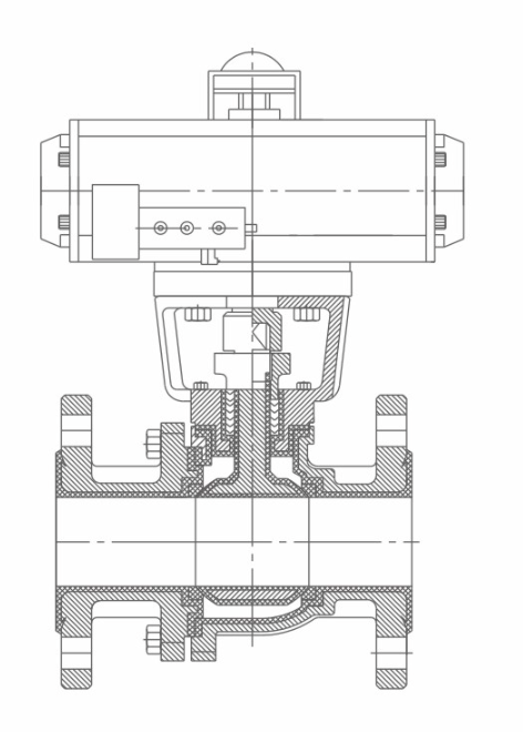 Cross-sectional diagram of the PTFE lined ball valve illustrating the anti-blowout stem and zero-leakage seating mechanism