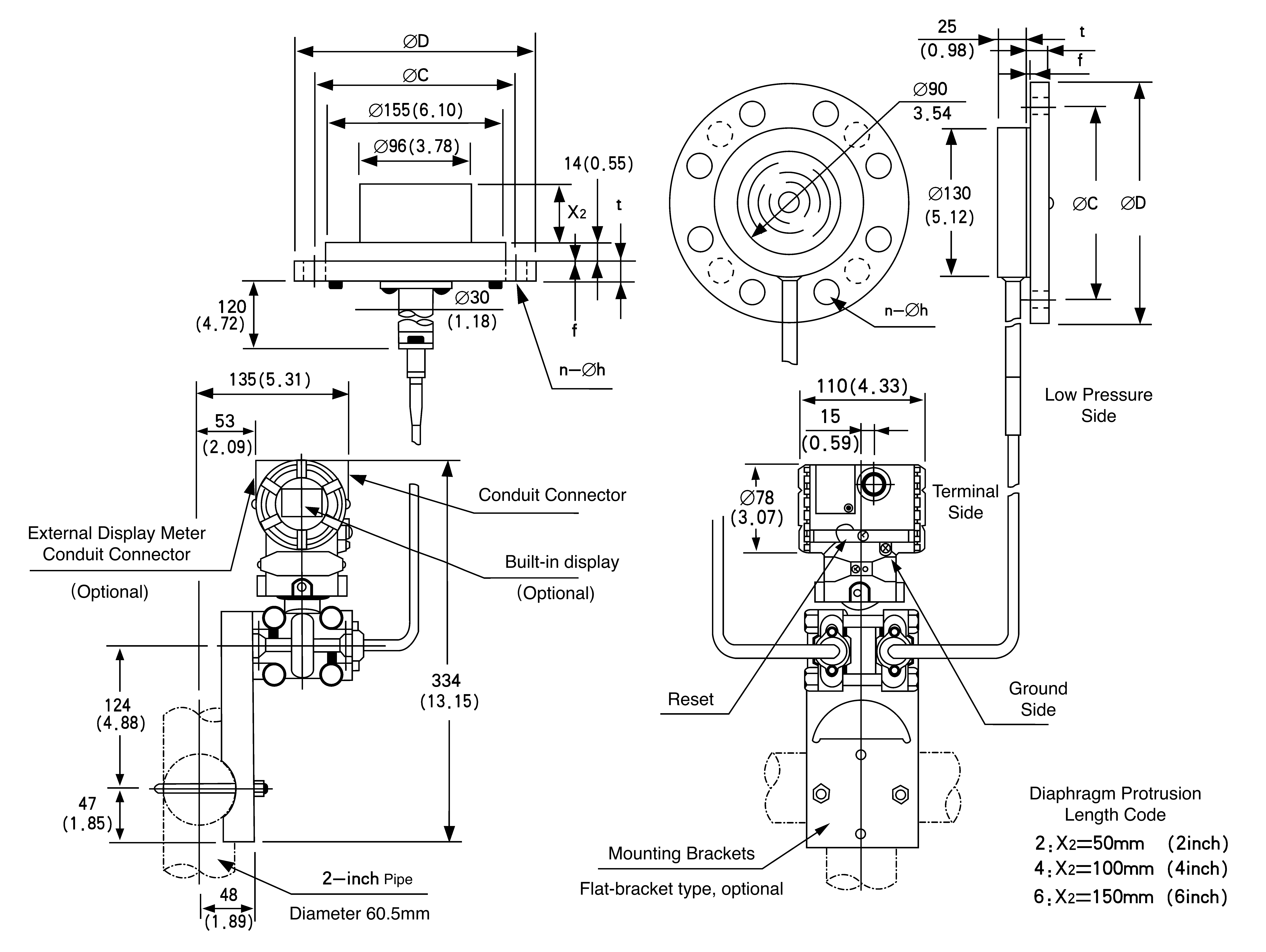 Dimensional drawing and structural layout of the intelligent dual flange differential pressure transmitter