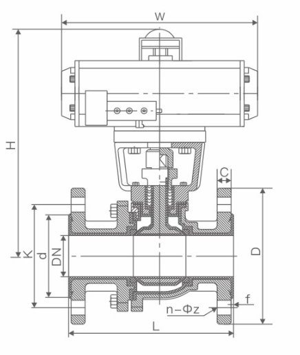 Dimensional schematic and structural layout of the flanged pneumatic lined ball valve for engineering integration